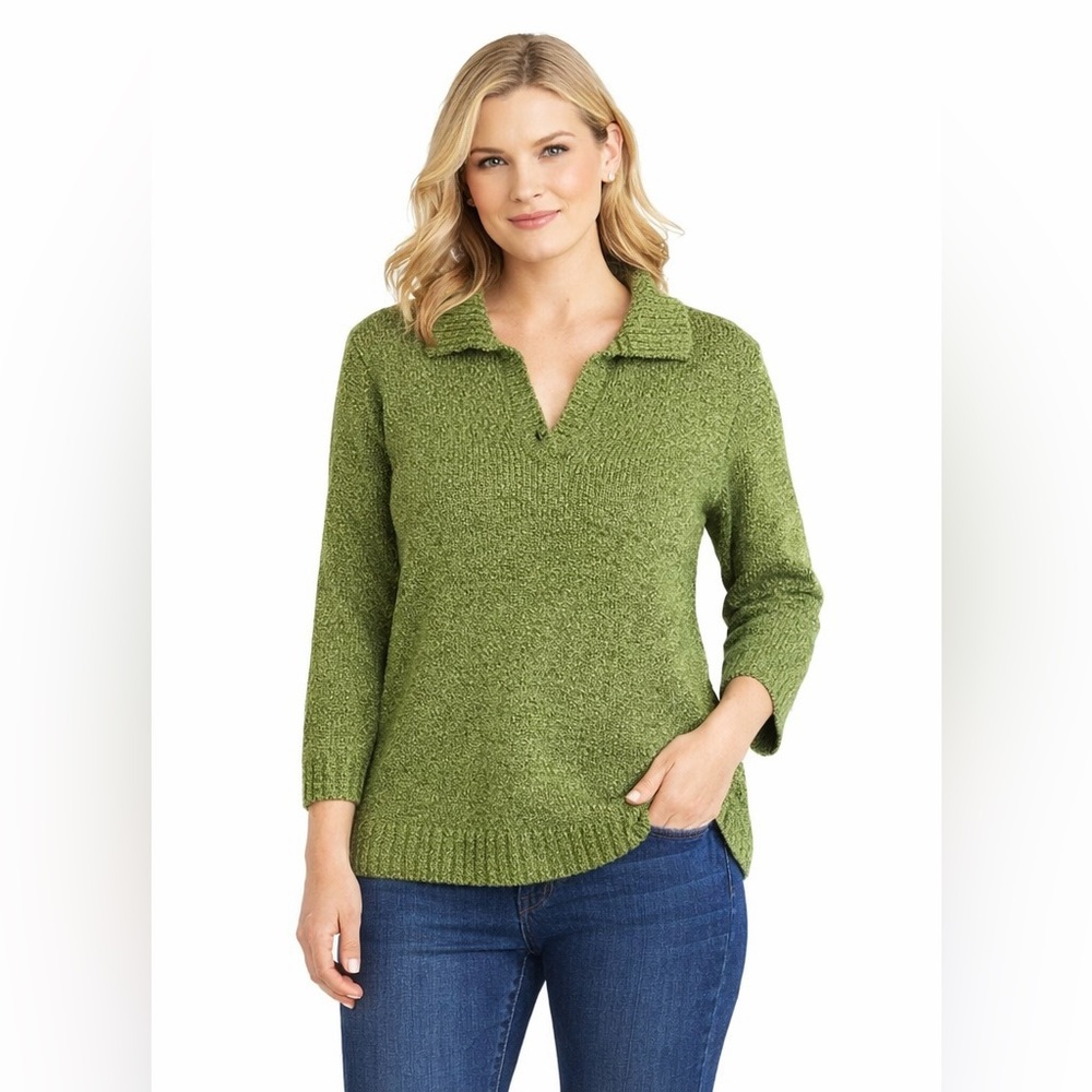 St. John’s Bay Petite PXL Green Collared Sweater Chunky Knit Pullover